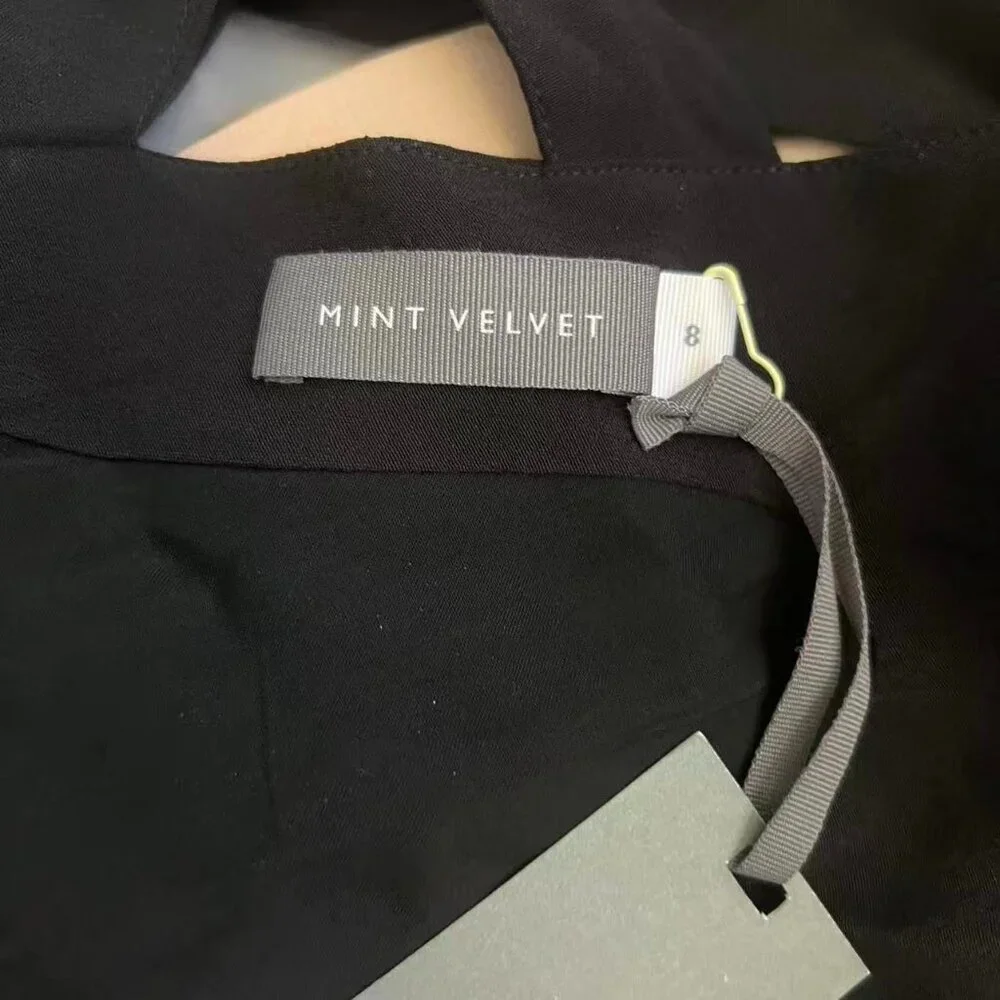 NWT Mint Velvet Beige / Peach Black Feather Pencil Midi TIE Dress US 4 UK 8 - Picture 11 of 13